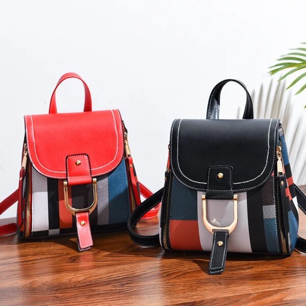 Women's Splicing PU Leather Plaid Multi-Function Backpack - Image 3