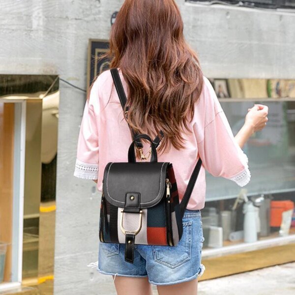 Women's Splicing PU Leather Plaid Multi-Function Backpack - Image 2