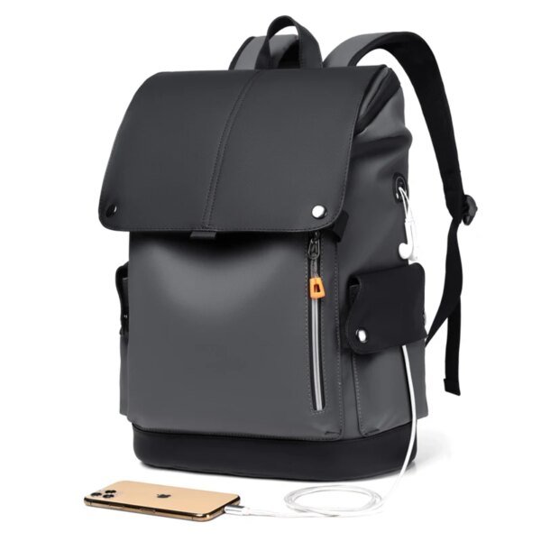 Men's Waterproof PU Leather Laptop Backpack Large Business Bag with USB - Image 2