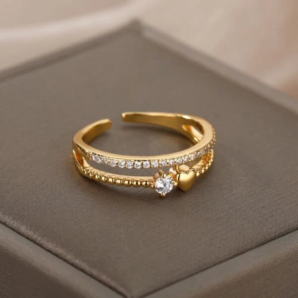 Double Layer Heart Zircon Ring Stainless Steel Crystal Jewelry For Women - Image 2