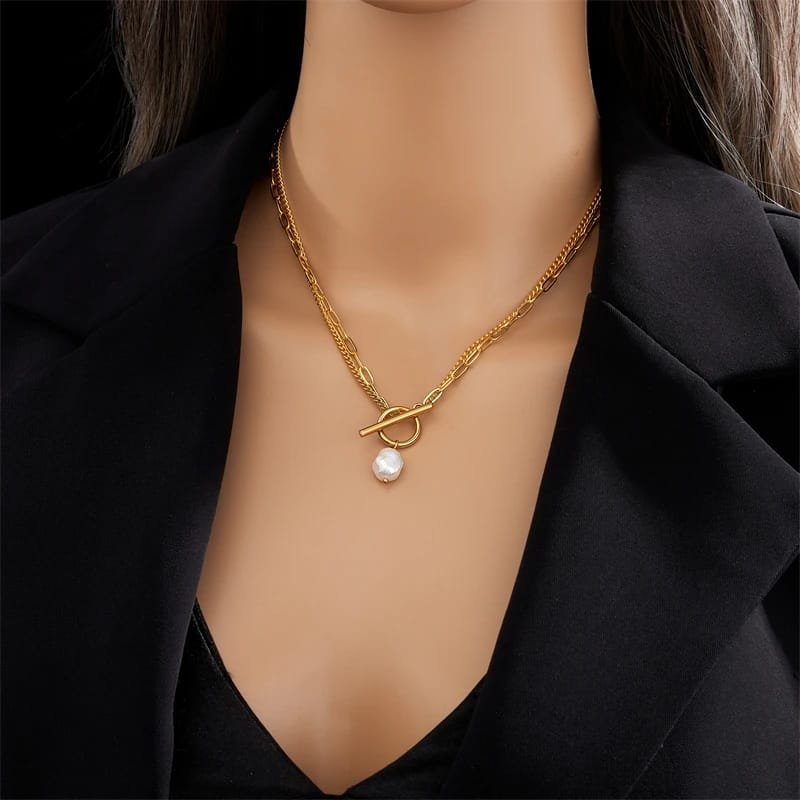 Women Large Pearl Pendant Necklace β 316L Stainless Steel OT Clasp 2-Layer Chain - Image 3