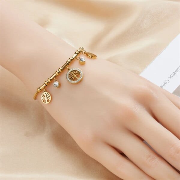 Tree Charm Bracelet – 316L Stainless Steel with White Zircon for Women - Image 3