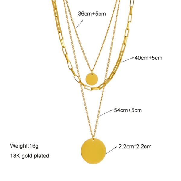 3-in-1 Round Pendant Necklace Gold 316L Stainless Steel Multilayer Chain For Women - Image 6
