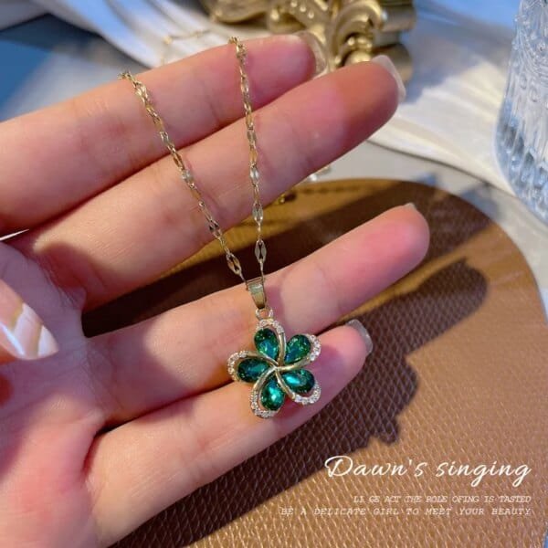 Green Zircon Flower Pendant Necklace – 316L Stainless Steel Lucky Jewelry For Women - Image 4