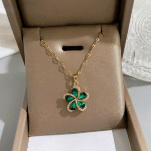 Green Zircon Flower Pendant Necklace – 316L Stainless Steel Lucky Jewelry For Women