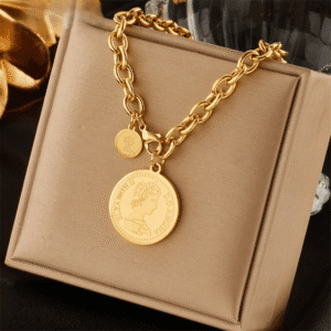 Women Gold Stainless Steel Portrait Coin Necklace -316L-Jewelry