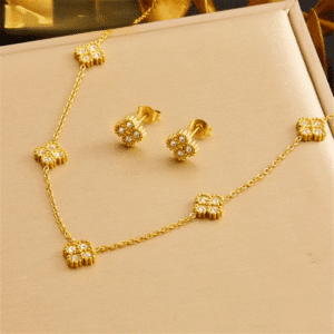 Women Stainless Steel Necklace-Earrings Zircon Flower Jewelry Set