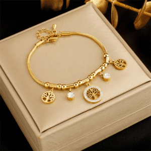 Tree Charm Bracelet – 316L Stainless Steel with White Zircon for Women