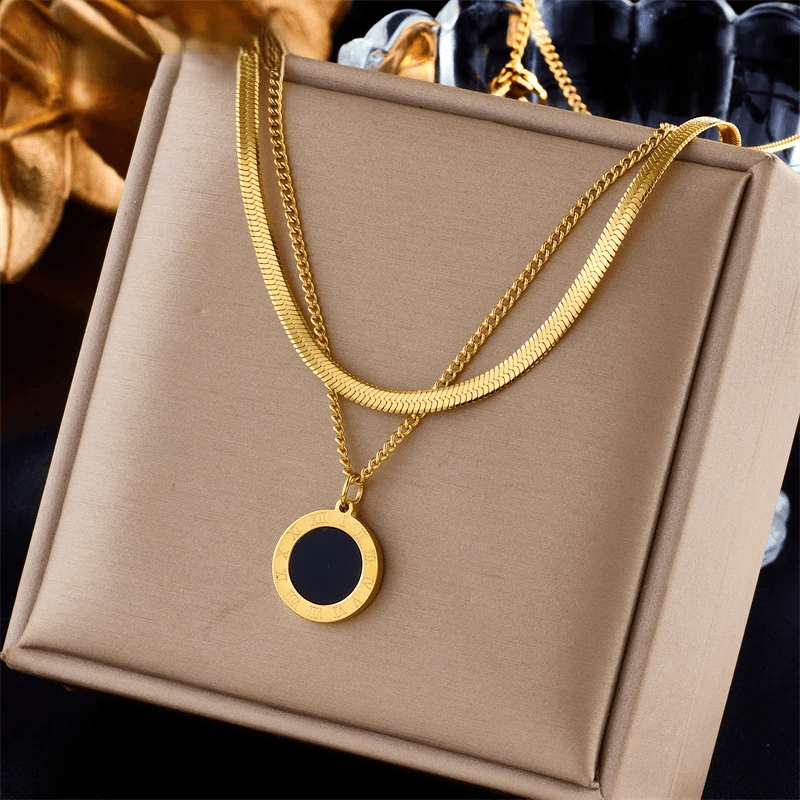 Roman Numeral Pendant Necklace – 316L Stainless Steel Double Chain Choker For Women