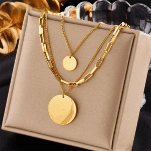 3-in-1 Round Pendant Necklace Gold 316L Stainless Steel Multilayer Chain For Women