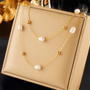 Double Layer Pearl Necklace – 316L Stainless Steel 2-in-1 Waterproof Choker For Women