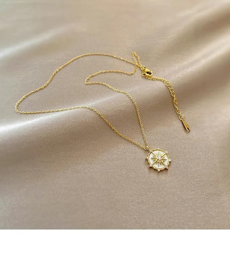 DIEYURO Stainless Steel Fashion Personality Geometric Zircon Necklace Shell Flower Pendant Hong Kong Style Clavicle Chain Gift