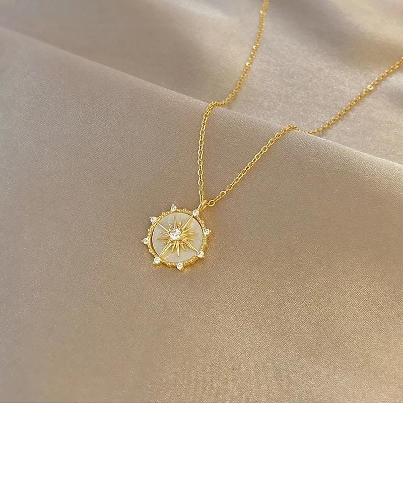 DIEYURO Stainless Steel Fashion Personality Geometric Zircon Necklace Shell Flower Pendant Hong Kong Style Clavicle Chain Gift