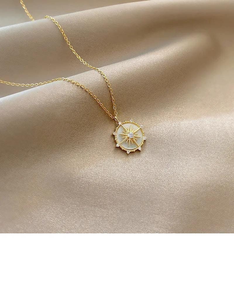 DIEYURO Stainless Steel Fashion Personality Geometric Zircon Necklace Shell Flower Pendant Hong Kong Style Clavicle Chain Gift