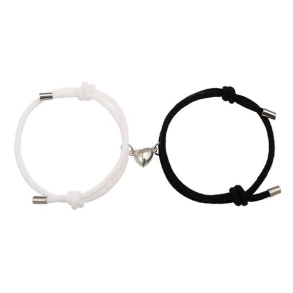 Magnetic Heart Couple Bracelets Black White Rope Set with Silver Charm Friendship - Image 3
