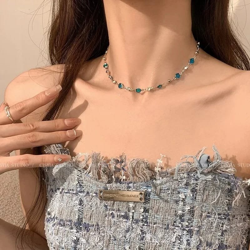 Romantic Blue Crystal Butterfly Necklace – Shiny Zircon Double Layer Choker - Image 4