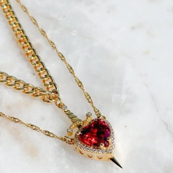 Heart and Sword Couple Necklace Set – 18K Gold Plated Stainless Steel with Zircon Crystal Jewelry - Image 3