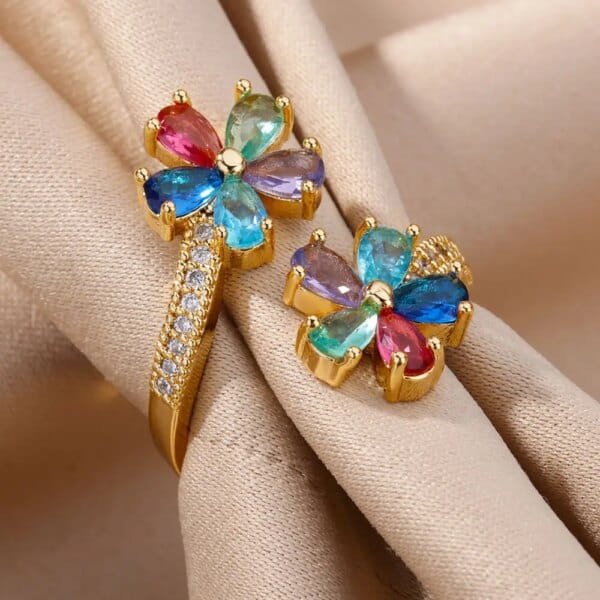 Colored Zircon Double Flower Ring for Women Gold Plated Stainless Steel Open Wedding Jewelry Gift - Image 4