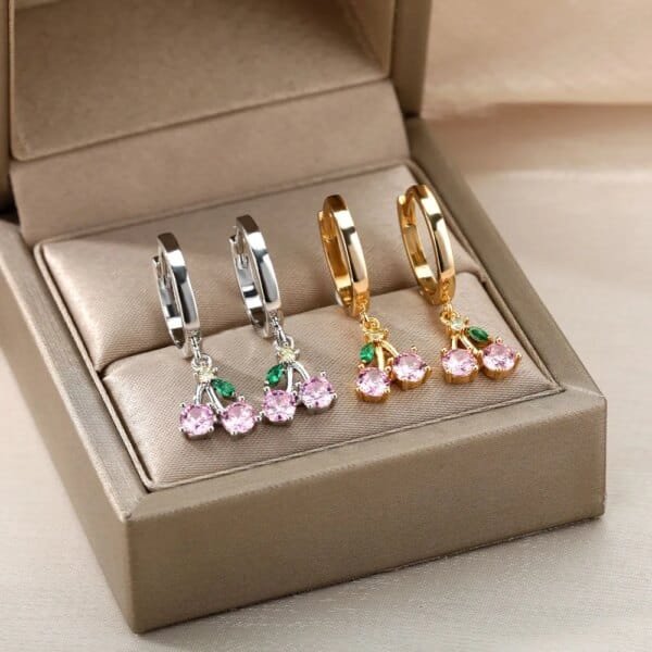 Crystal Cherry Drop Earrings for Women Pink Stainless Steel Boho Fairy Fashion Jewelry Gift - Image 3