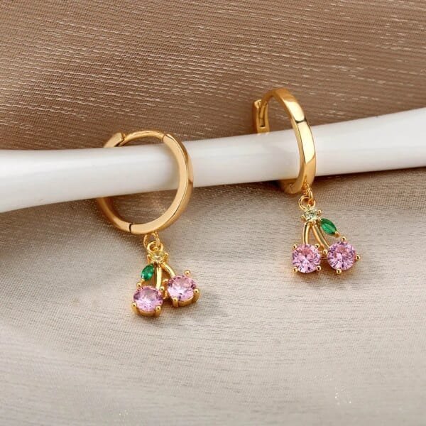 Crystal Cherry Drop Earrings for Women Pink Stainless Steel Boho Fairy Fashion Jewelry Gift - Image 4