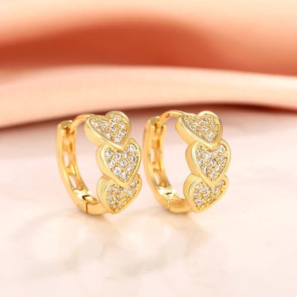 Gold Heart Hoop Earrings – Full Paved Dazzling CZ Bridal Wedding Jewelry - Image 2