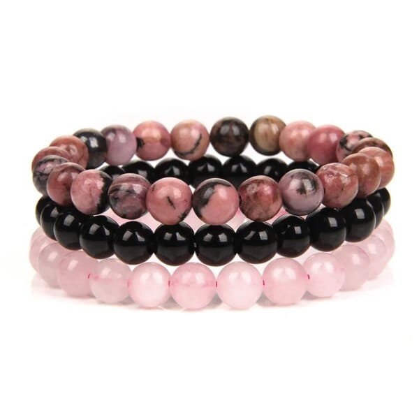 3Pcs Natural Stone Beaded Bracelet Set – Rose Quartz Amethyst Obsidian Tiger Eye for Women & Men - Image 2