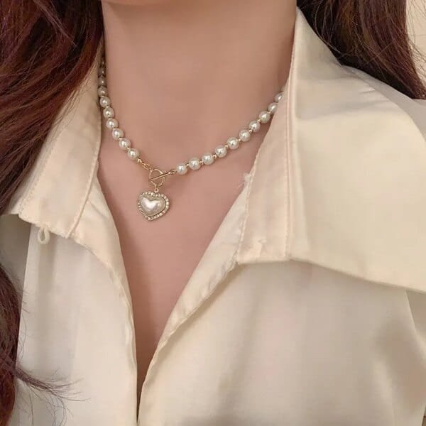 Elegant Pearl Necklace with Heart Pendant – Luxury Imitation Pearls Korean Jewelry - Image 2