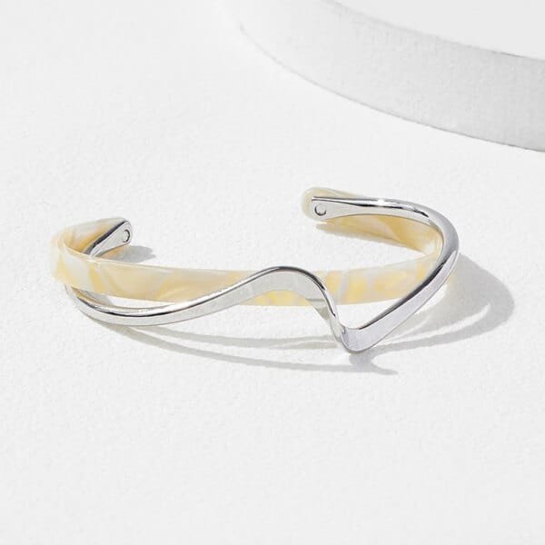 White Acrylic Geometric C-Shaped Metal Bangles – Women’s Hand Bracelets with Open Design - Image 3