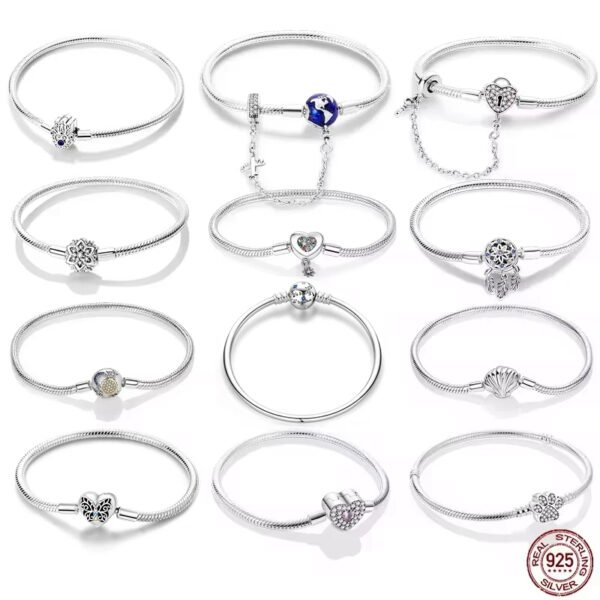 925 Sterling Silver Bracelet with Star Moon Sun Four-Leaf Clover Charms Green Zircon Accents