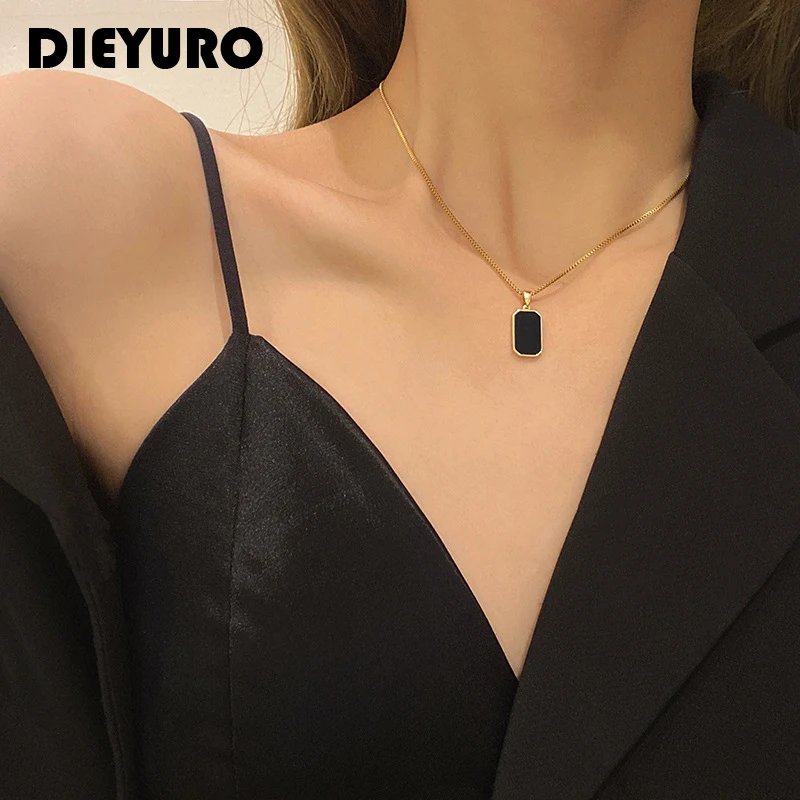 Women Black Epoxy Rectangular Pendant Necklace 316L Stainless Steel Gold Korean Long Chain - Image 2