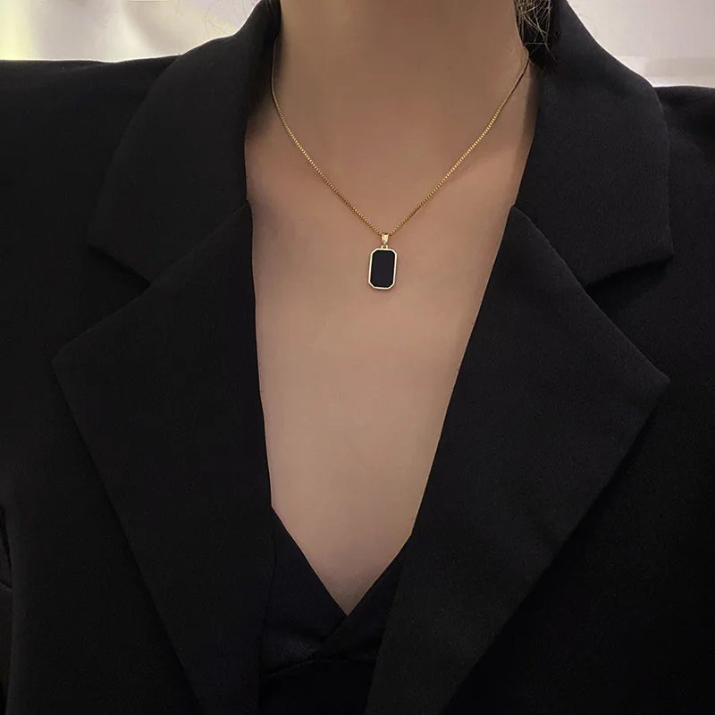 Women Black Epoxy Rectangular Pendant Necklace 316L Stainless Steel Gold Korean Long Chain - Image 3