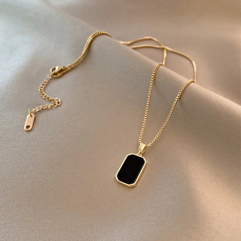 Women Black Epoxy Rectangular Pendant Necklace 316L Stainless Steel Gold Korean Long Chain - Image 4