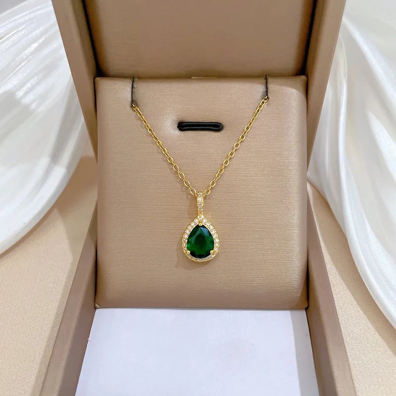 Women Girls Zircon Stainless Steel Green Jewelry Set Pendant Necklace Earrings - Image 5
