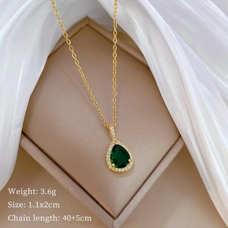 Women Girls Zircon Stainless Steel Green Jewelry Set Pendant Necklace Earrings - Image 2