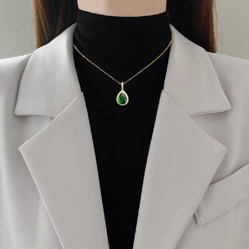 Women Girls Zircon Stainless Steel Green Jewelry Set Pendant Necklace Earrings - Image 6