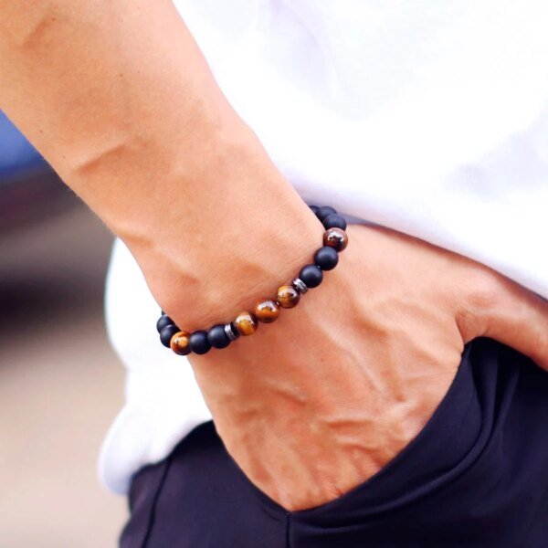Handmade Men's Bracelet Onyx Tiger Eye Stone – 8mm  Beads with Hematite - Image 3