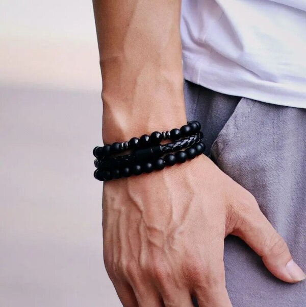 Men's Bracelet Set – 8mm-3pcs Natural Onyx Tiger Eye Beads with Magnetic Clasp - Image 3