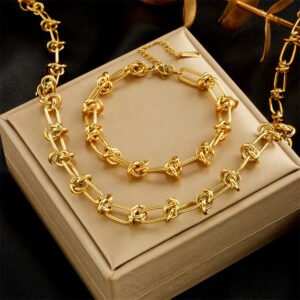 Women Girl Stainless Steel Twist Knot Jewelry Set Gold-Silver Color Non-Fading Necklace Bracelet Gift