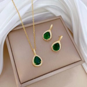 Women Girls Zircon Stainless Steel Green Jewelry Set Pendant Necklace Earrings