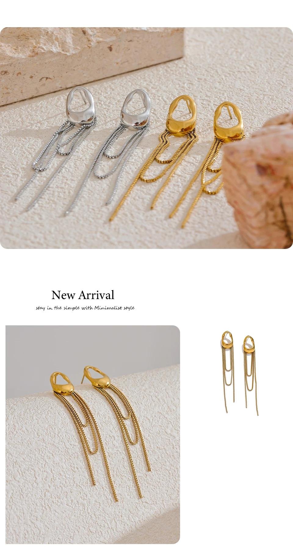 Yhpup 316L Stainless Steel Geometric Tassel Chain Drop Dangle Earrings for Women Temperament Popular Waterproof Jewelry Gift