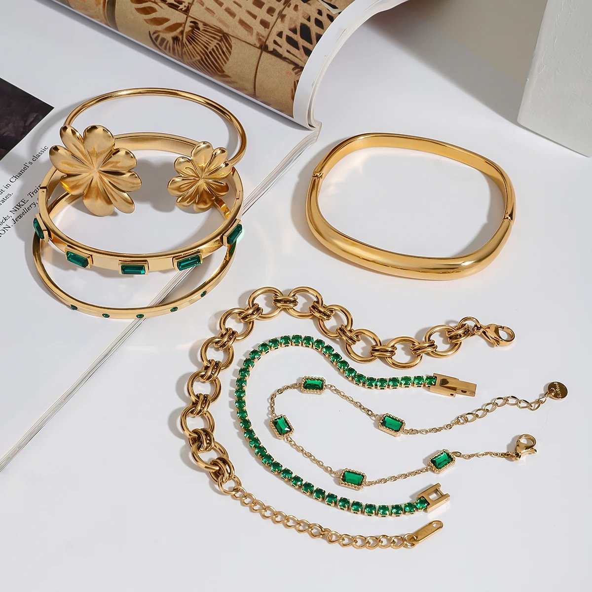 Women Green Zircon Bracelet-18K-Gold- Color Retro Stainless Steel - Image 6