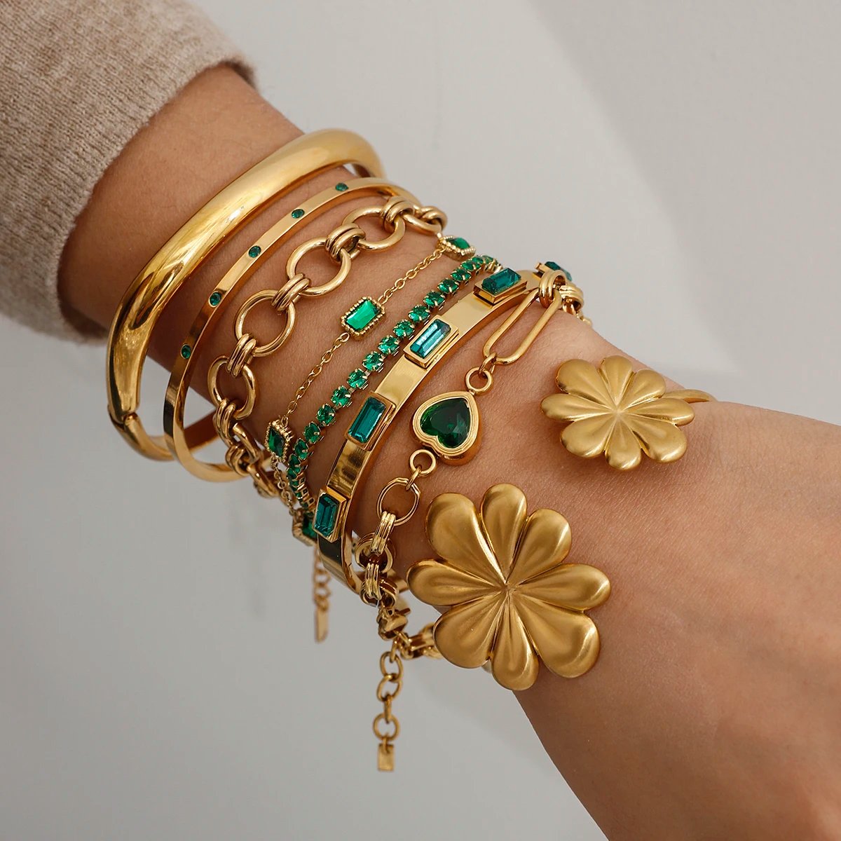 Women Green Zircon Bracelet-18K-Gold- Color Retro Stainless Steel - Image 2