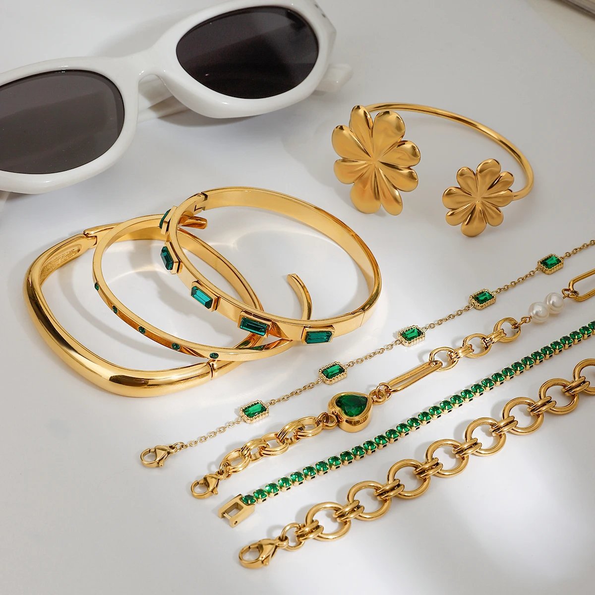 Women Green Zircon Bracelet-18K-Gold- Color Retro Stainless Steel - Image 4